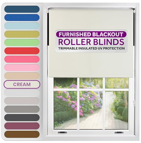 FURNISHED Roller Blinds Window Blackout, Cream, 210cm Wide x 165cm Long | Thermal 100% blackout trimmable insulated UV protection child safe easy fit home office window blinds