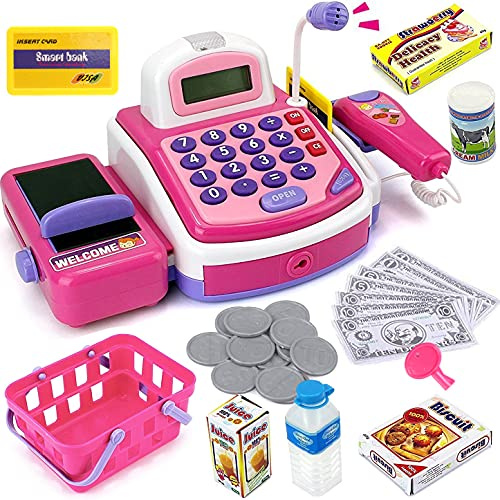 Pretend Play Pink Cash Register Toy - Learn & Play Shopping Kids Toys with Electronic Mic, Scanner, Calculator, Play Food, Fake Money and Basket