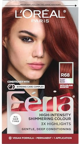 L'Oreal Paris Feria Multi-Faceted Shimmering Permanent Hair Color, R68 Ruby Rush (Rich Auburn True Red), Pack of 1 Hair Dye Kit