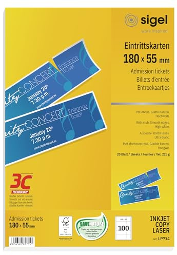 SIGEL LP714 Entradas para eventos para la impresión, 180x55 mm, corte preciso, con talón de separación 50x55 mm, 100 unds.=20 hojas