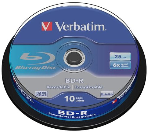 Verbatim BD-R Single Layer Blu-ray Rohlinge 25 GB, Blu-ray-Disc mit 6-facher Schreibgeschwindigkeit, mit Kratzschutz, 10er-Pack Spindel, Blu-ray-Disks für Video- und Audiodateien