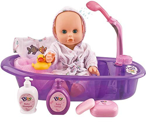 Liberty Imports Baby Bath Toys 13-Inch Little Newborn Doll Bath Set - Real Working Bathtub with Detachable Shower Spray and Accessories for Kids Pretend Play