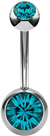 eeddoo® Doppio cristallo Piercing da ombelico acciaio argento ~ ~ 13 colori | 4 misure ~ ~ in acciaio inox/acciaio chirurgico – 1,6 X 6,8,10,12 mm – Piercing banane Belly Button Navel Curved Barbell blingworld, BZ - Zircone blu, colore: argento, cod. 24371
