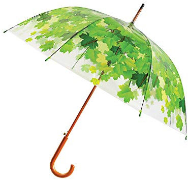 Le Monde du Parapluie TP158 Parapluie Canne Transparent Imprimé Feuilles Vertes pour Femme - Système d'ouverture Automatique - Poignée de Qualité en Bois - Diamètre de 93 cm Multicolore