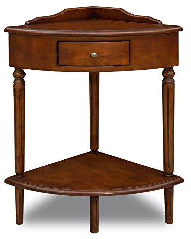 Coastal Solid Wood Corner Wedge Table with Drawer, Rich Pecan Brown, Perfect for Entryways, Hallways, and Small Spaces – Leick Home, 9016