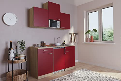 Küche Miniküche Singleküche Küchenzeile Pantry Eiche Rot Luis 150 cm Respekta