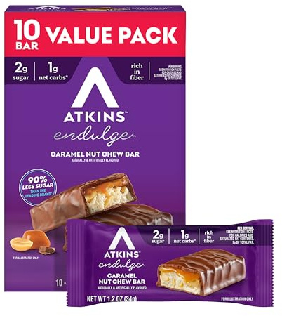 Atkins Endulge Caramel Nut Chew Bar, Low Sugar Snack, Dessert Bar, High Fiber Bar 1g Sugar, 10 Count