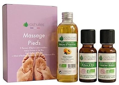 VOSHUILES - Kit Massage des Pieds - Huiles Essentielles Tea Tree- Laurier- Noyau d'Abricot - 100% Pure et Naturelle - HEBBD et ECOCERT - 2x5ml- 1x50ml BIO