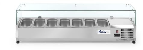 HENDI Aufsatzkühlvitrine, 4 höhenverstellbaren Füßen, Temperatur von -2 bis 8°C, Digitales Bedienfeld, elektronisches Thermostat, 7x GN 1/4, 230V, 180W, 1505x335x(H)430mm, Edelstahl