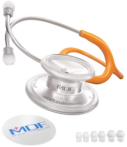 MDF Instruments, MD One Stainless Steel Premium Dual Head Stethoscopee, Adult, Orange Tube, Silver Chestpieces-Headset, MDF77727
