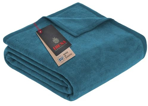 Ibena Porto XXL Decke 180x220 cm – Baumwollmischung weich, warm & waschbar, Tagesdecke Petrol einfarbig