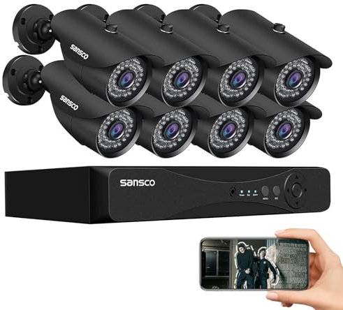 Sansco 8CH 5MP HD CCTV Camera System, 8 Channel DVR Recorder, 8X 2MP Outdoor Bullet Security Cameras, AI Face/Human Detection, Email/APP Alert, No HDD