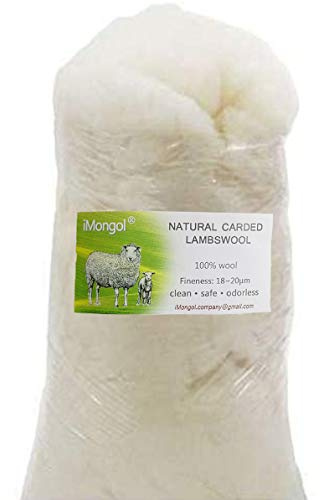 IMongol- Kardad lammull för filtning, leksaksfyllning, nålfiltning ullfyllning för stickade leksaker, superren, naturlig vit, finhet 19 um (28 g)