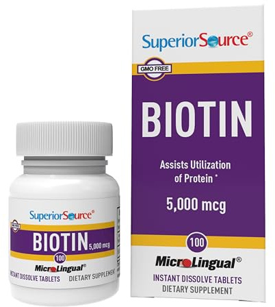 Superior Source Biotin 5000 mcg. Under The Tongue Quick Dissolve MicroLingual Tablets, 100 Count, Supports Healthy Hair, Skin, and Nail Growth, Helps Support Energy Metabolism, Non-GMO