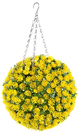 Best Artificial 28cm Yellow Rose Topiary Hanging Flower Ball **UV Fade Protected**