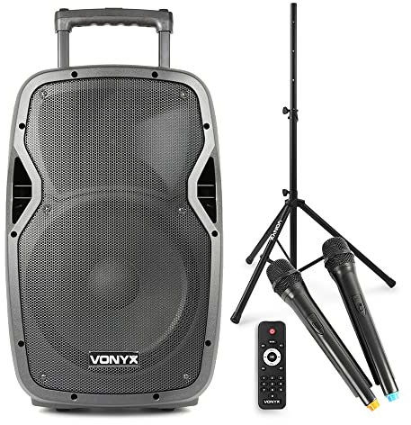 Vonyx AP1200PA Portable PA System, 600W 12-Inch Bluetooth Battery Powered Speaker with Wireless Microphones, MP3 USB & SD Playback and Tripod Stand – Ideal for Events & Performances