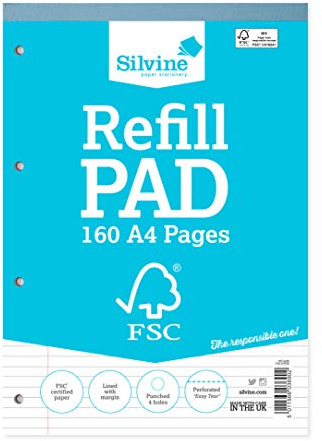 Silvine A4 Everyday FSC Refill Pad. Lined with Margin, 160 Pages of FSC Certified Paper. Ref FSCRP80 [Pack of 5], White
