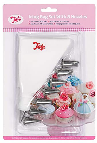 Tala Icing Bag Set with 8 Interchangeable Stainless Steel Piping Nozzles - Reusable Anti-Slip Large Piping Bags and Nozzles for Cake Decorating - Easy Handwash Cleaning