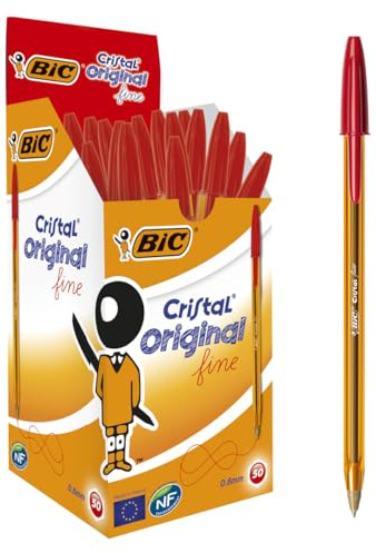 BIC Cristal Original Fine, Penne Rosse a Sfera, Punta Media (0.8 mm), Confezione da 50, Fornitura per Cancelleria Scuola, Ufficio e Business