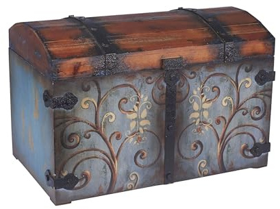 Household Essentials Vintage Wood Storage Trunk, Large, Blue Body/Brown Lid/Floral Design