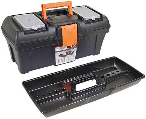 BURI Werkzeugkasten 40x19x20cm Werkzeugkiste leer Kunststoff Werkzeugbox Werkzeugkoffer leer Kleinteilebox Werkzeug schwarz orange mit Griff und Trageeinsatz