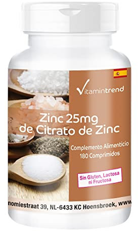 Vitamintrend Zink 25mg aus Zinkcitrat, 180 Tabletten, hochdosiert, Nahrungsergänzungsmittel vegan ohne Magnesiumstearat, in Deutschland hergestellt