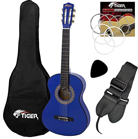 TIGER CLG4 Linkshändergitarre, 3/4 Größe, Klassische Kindergitarre als Packung - Spanische Gitarre, Packung mit Tasche, Ersatzsaiten, Gurt und Pick, Ideal für das Alter von 9-11 Jahren - Blau