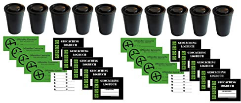 geo-versand Geocaching Versteck - Paket -10 x Filmdosen mit 10 x Logbuch - 480 Logs 10 x Aufkleber Cache Film Canister