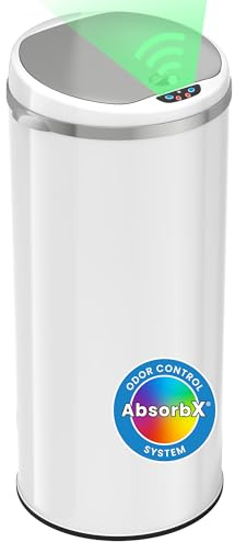 iTouchless 50 Liter / 13 Gallon Sensor Kitchen Trash Can with Odor Filter – Slim Round White Stainless Steel Automatic Garbage Recycling Bin for Home, Office, Business, Garage