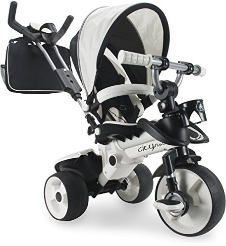 Dreirad Evolutionär Baby 6-36 Monate Weiß + Sonnendach + Sicherheitsgurt + Verstellbarer Griff + Tasche + Eimer + Gummiräder – Kinderdreirad mit Schubstange Ergonomisch Stabil | INJUSA