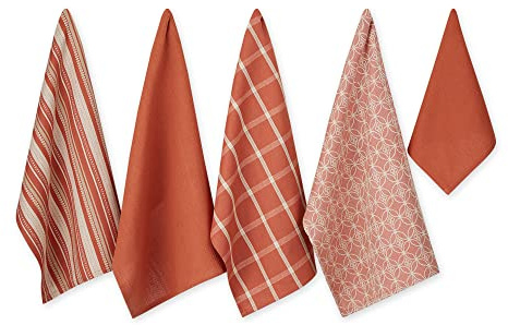 DII Lot de 5 torchons de Cuisine Assortis, torchons en Tissu de 45,7 x 71,1 cm et 33 x 33 cm, Couleur Orange épices