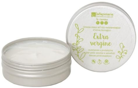 La Saponaria | Crema mani extravergine, Nutriente e senza profumazioni, Ricca di aloe utile per lenire il rossore e le irritazioni, Olio extravergine d’oliva, Burro di karité e olio di argan, 60ml