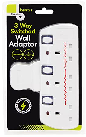 Benross 45610 3 Way Switched Surge Protected Wall Adaptor Socket (Packaging may vary)