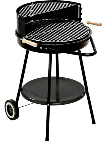 GRILLCHEF Holzkohlegrillwagen Corso | Emaillierte Feuerschale & höhenverstellbarer verchromter Grillrost (ø 48,5 cm) | Mit Rollen für einfachen Transport | inkl. Ablagetisch & Windschutz [Schwarz]