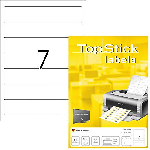 TopStick 8721 mappetiketter A4 kort/smal (192 x 38 mm, 100 ark, papper, matt) självhäftande, utskrivbara, permanenta mappa ryggetiketter, 700 filetiketter, vit