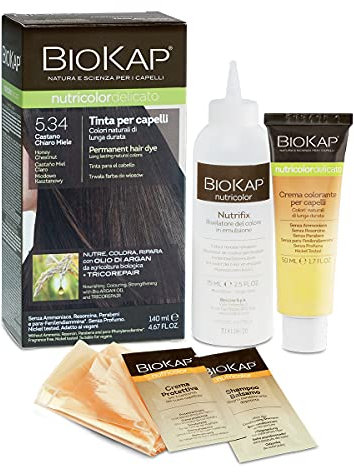 BIOKAP Nutricolor Delicato, Tinta capelli senza ammoniaca che rende i capelli morbidi e lucenti, Colorazione capelli con colori naturali, 140 ml (5.34 Castano chiaro miele)