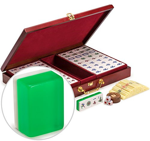 Yellow Mountain Imports Classic Chinese Mahjong Game Set, Emerald with 148 Medium-Size Translucent Green Tiles and Wooden Case