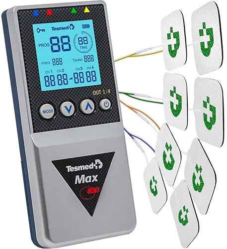 TESMED Max 830: Elettrostimolatore Muscolare Professionale Tens/EMS/Massaggio con Stimolazioni Sequenziali, 4 Canali, 115 Programmi di Cui 20 Personalizzabili, Ricaricabile, Inclusi 20 Elettrodi