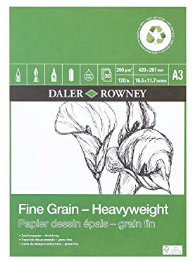 Daler-Rowney Eco Fine Grain Lightly Textured Heavyweight 200gsm A3 Drawing Paper Pad, Glued 1 Side, Acid-free, 30 White Sheets, Ideal for Professional Artists & Students