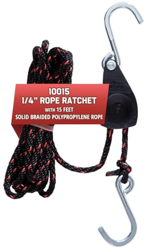 Rope Ratchet 1/4 Adjustable Pulley System – 150 lb Capacity Heavy-Duty 15' Braided Polypropylene Rope, Locking Rope Hanger, Grow Lights, Tarp Tie Downs, Kayak Straps, Plant Pulleys, Tent Tie Downs