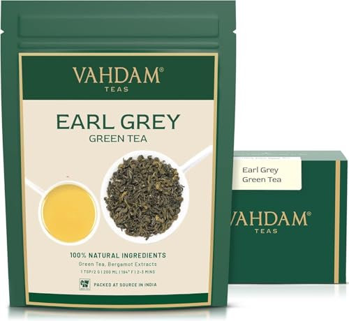 VAHDAM, Earl Grey Citrus Green Tea Loose Leaf 100g (50+ Cups) Loose Leaf Earl Grey Green Tea With Pure Bergamot Oil | High Elevation Grown | Vacuum Sealed