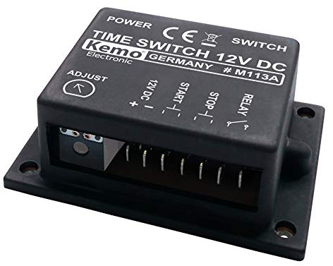 Kemo M113A Zeitschalter 12 - 15 V/DC. Stromaufnahme ca. 20 mA (Aus) / 80 mA (Ein). Einstellbare Zeit ca. 2 Sekunden bis 23 Minuten. Mit 2 LED-Anzeigen, Schwarz