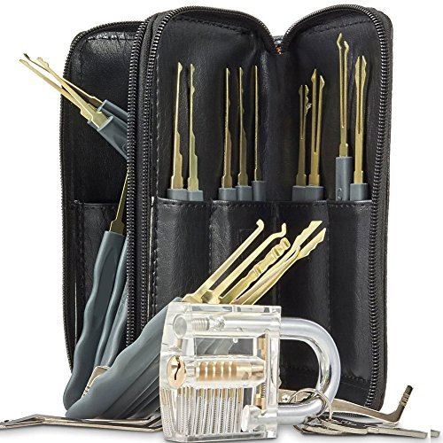 25 Pieces Premium Practice Lock Pick Set, Geepro Crystal Transparent Professional Visible Cutaway Inside View Padlocks with 2 keys, 24pcs Various Picks Crochet Hook for Locksmith Training