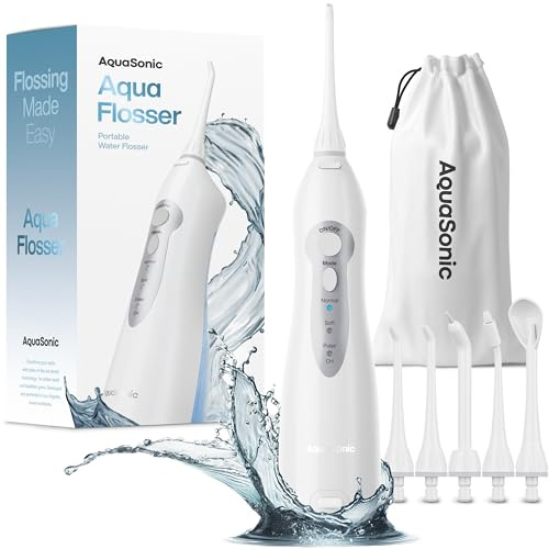 Aquasonic Aqua Flosser - Professioneller Wiederaufladbarer Wasserzahnseidenreiniger mit 4 Aufsätzen - Munddusche mit 3 Modi - Tragbarer & Kabelloser Zahnseidenreiniger (Weiß)