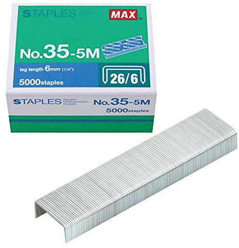 Max 35-5M Standard Staples for USA; Leg Length 6mm (1/4); 100 Staples per Stick, for Use with Max HD-50, HD-50R, HD-50F and other Standard Staplers, 0.25 Leg Length, 0.5 Crown Width, 5000 Count