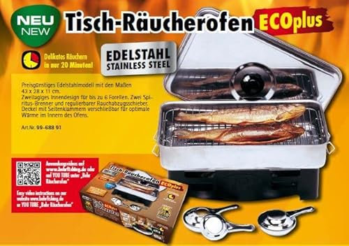 Behr Tischräucherofen Eco Plus | Edelstahl, Spiritus, für bis zu 6 Forellen, verschiedene Räucherlaugen auswählbar