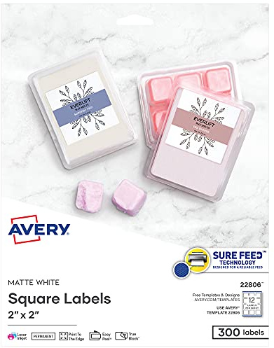 Avery Printable Square Labels, 2 x 2, Matte White, Laser & Inkjet Compatible, 300 Blank Labels Total, Great for Branding, Packaging, Events, and More (22806)