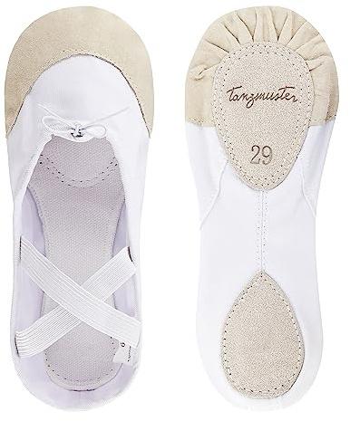 tanzmuster ® Ballettschuhe Mädchen Ballettschläppchen - Robin - Geteilte Ledersohle - weich und atmungsaktiv, Weiß, Größe 32