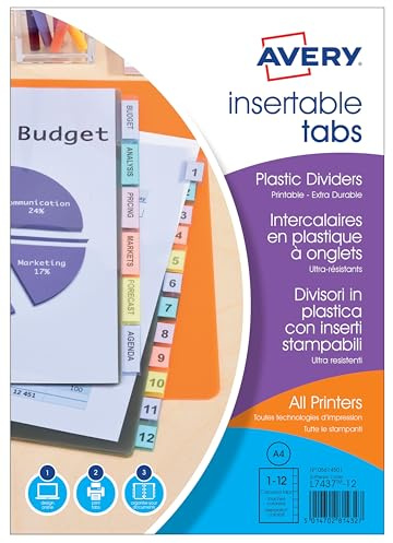 Avery 05614501 Index Maker Polypropylene Insertable Tab Dividers, 12 Plain Tabs - Assorted Colours