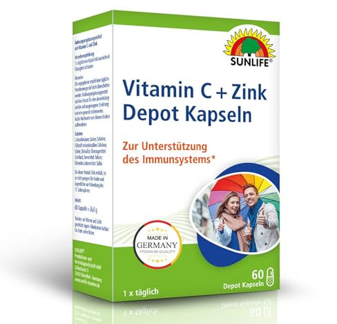 SUNLIFE Vitamin C + Zink Depot Kapseln hochdosiert - 1x60 Stück - Nahrungsergänzung für Immunsystem - Kapseln mit Depot-Technologie - pro Tagesdosis 225 mg Vitamin C & 2,25 mg Zink